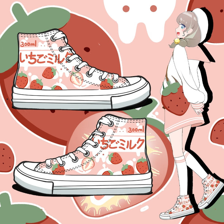 Kawaii Pink Strawberry High Top Shoes - Juneptune