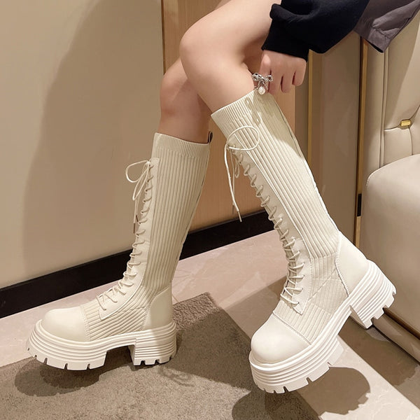 Chunky Platform Long Boots With Knitted Knee - Juneptune