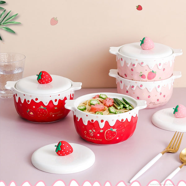 Kawaii Strawberry Ramen Bowl With Lid - Juneptune