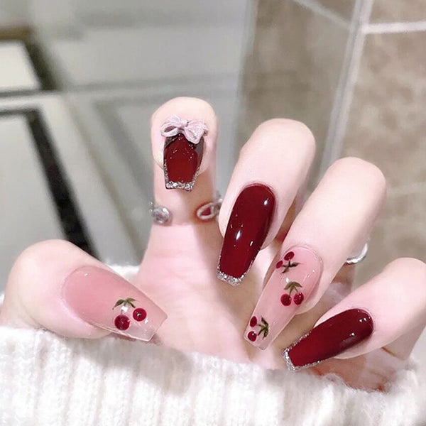 24pcs/Box Press On Y2K Red Cherry False Nails - Juneptune