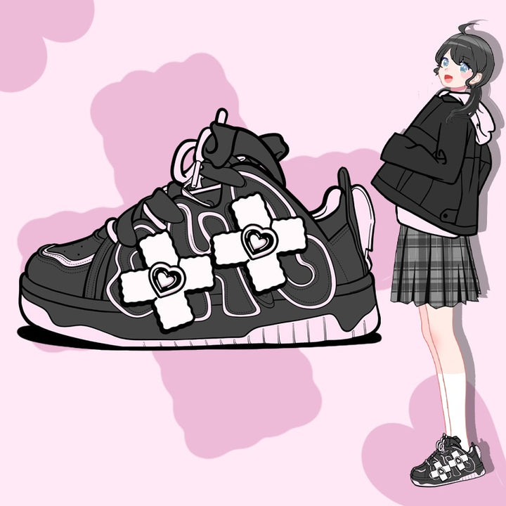 Black & Pink Heart Chunky Sneakers - Juneptune