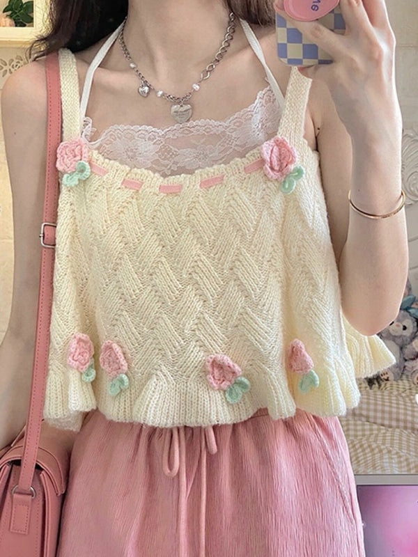 Kawaii Lolita Knitted Flower Tank Top - Juneptune