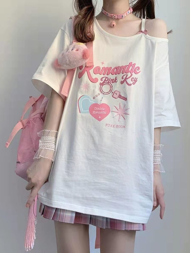 Kawaii Pink Off The Shoulder T-Shirt - Juneptune