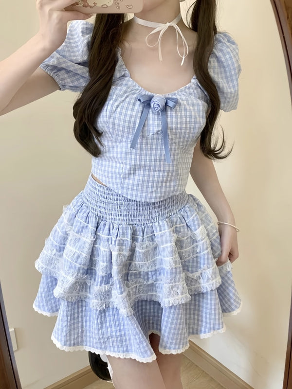 Kawaii Plaid Two Piece Set - Juneptune