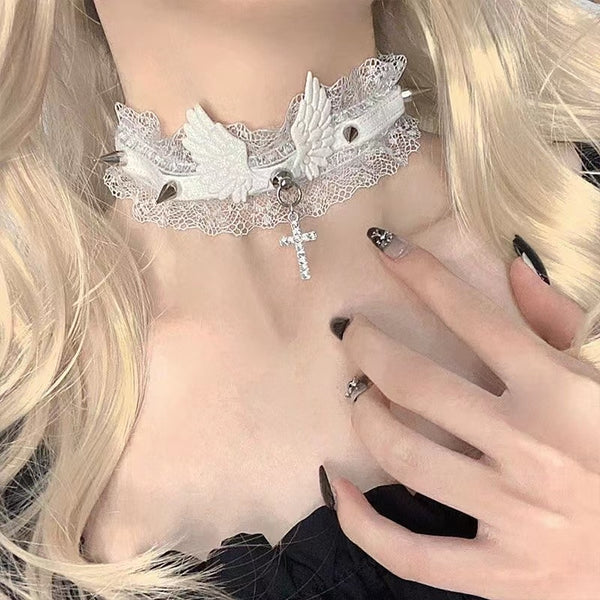 Harajuku Lace Angel Wing Choker Necklace - Juneptune