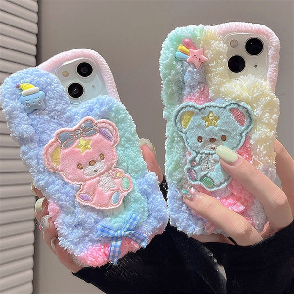 Korean Cute Fuzzy Cotton Candy Bear iPhone Case - Juneptune