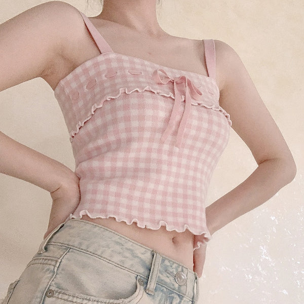 Kawaii Pink Plaid Crop Top - Juneptune