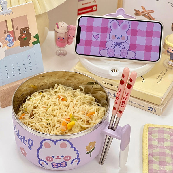 Kawaii Stainless Steel Bunny Ramen Bowl With Lid - Juneptune